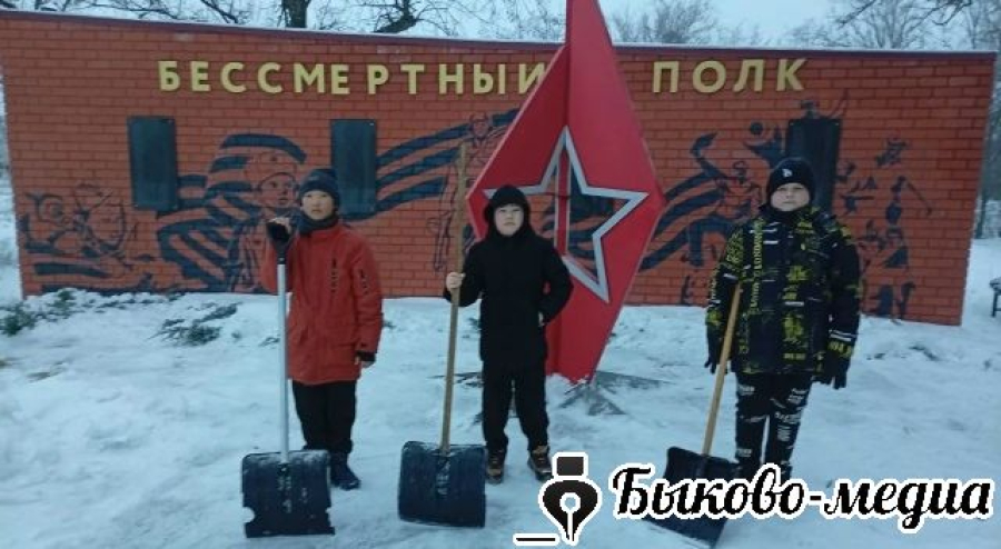 Юнармейцы из села Новоникольское расчистили снег у памятника "Скорбящая мать"